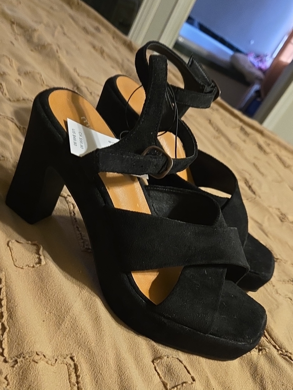 Women's Black Suede Block Heel Sandals with Ankle Strap